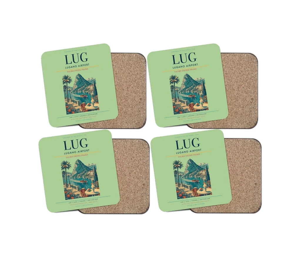 Lugano Airport (LUG) design on light green 4 pieces set coaster
