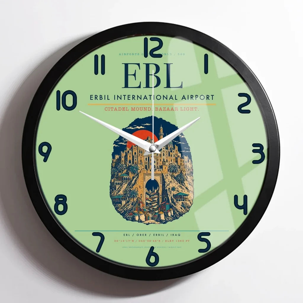Erbil International Airport (EBL) design on light green framed wall clock