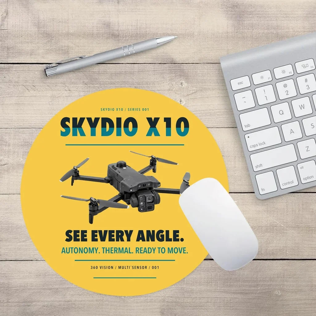 Skydio X10 design on yellow round mouse pad