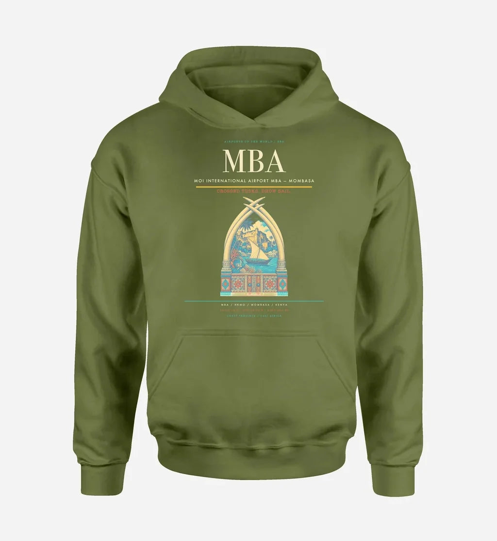 Moi International Airport (MBA) design on green army hoodie single-side print