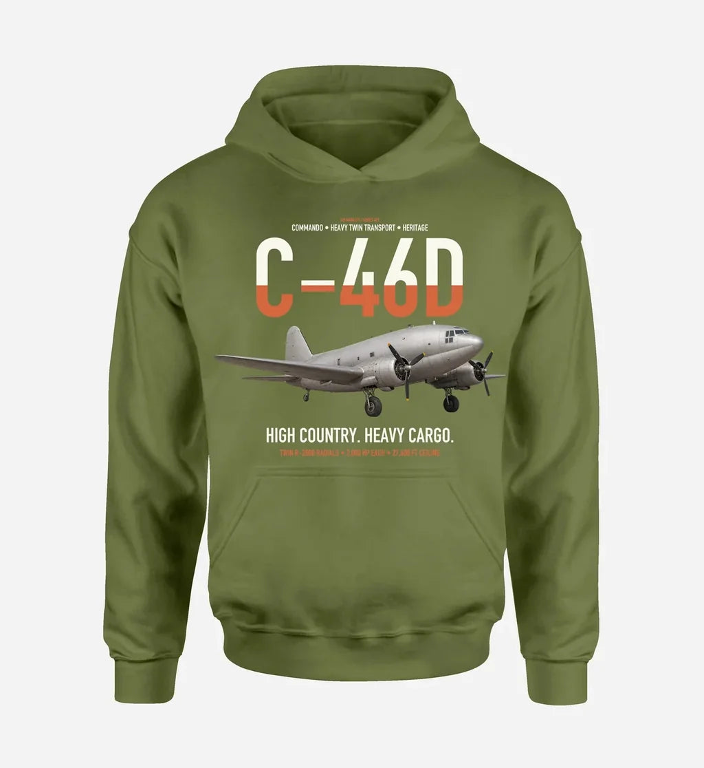 C-46D Commando design on green army double-side hoodie, single-side print