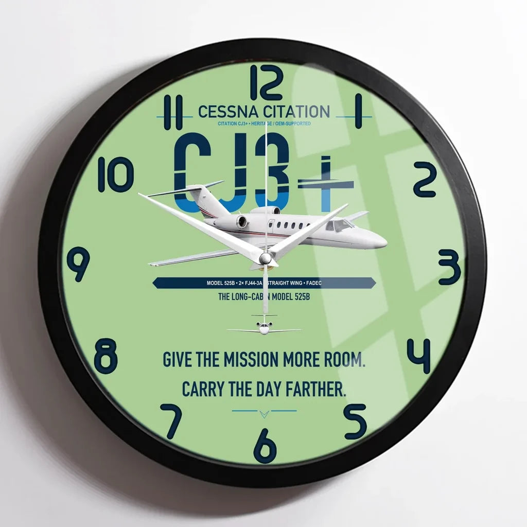 Cessna Citation CJ3+ design on light green framed wall clock