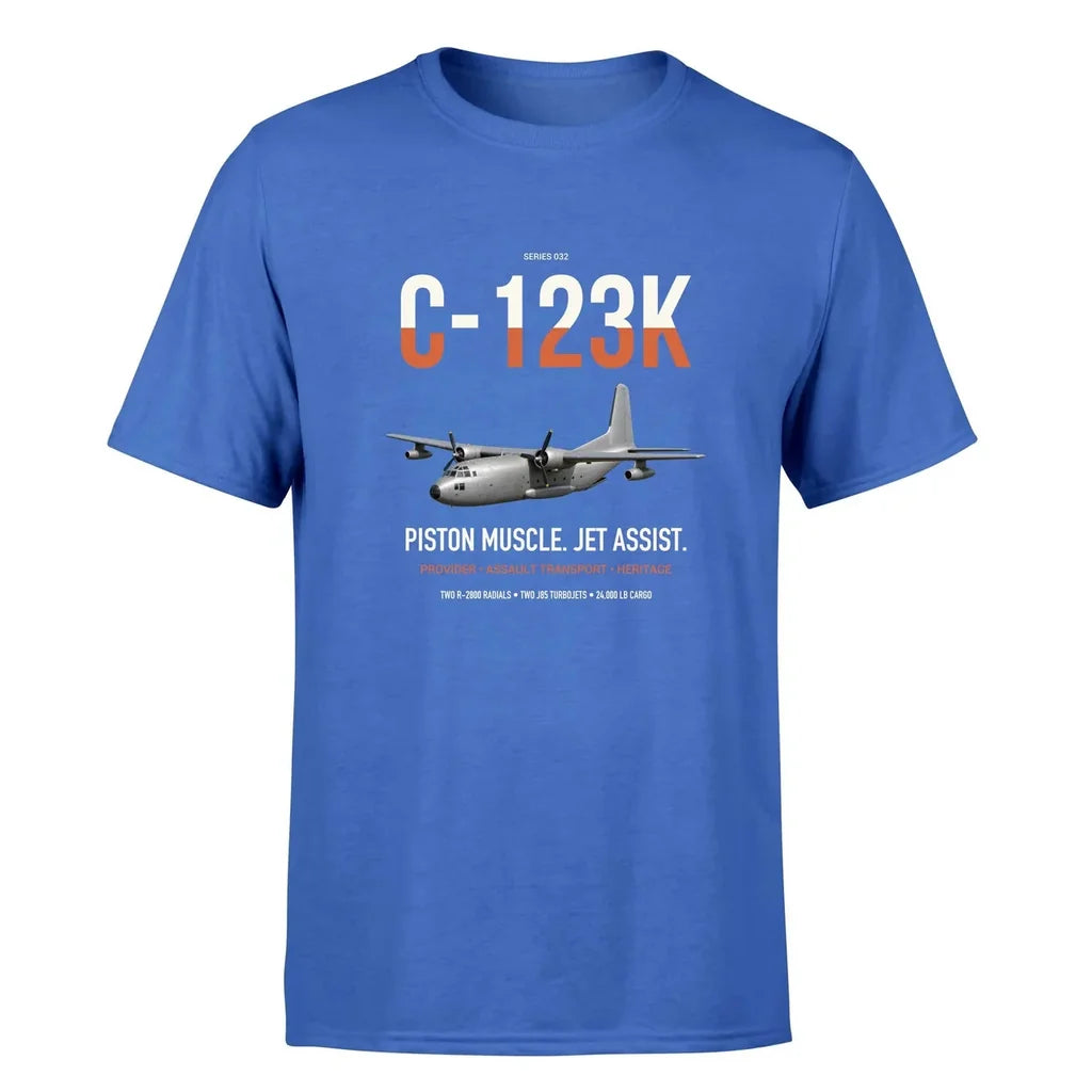 C-123K Provider design on blue double-side t-shirt, single-side print