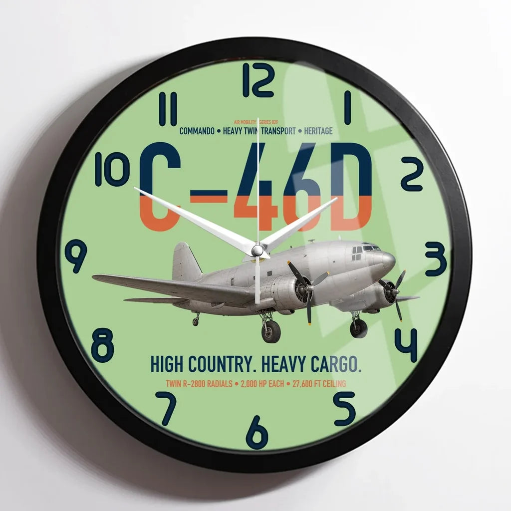 C-46D Commando design on light green framed wall clock