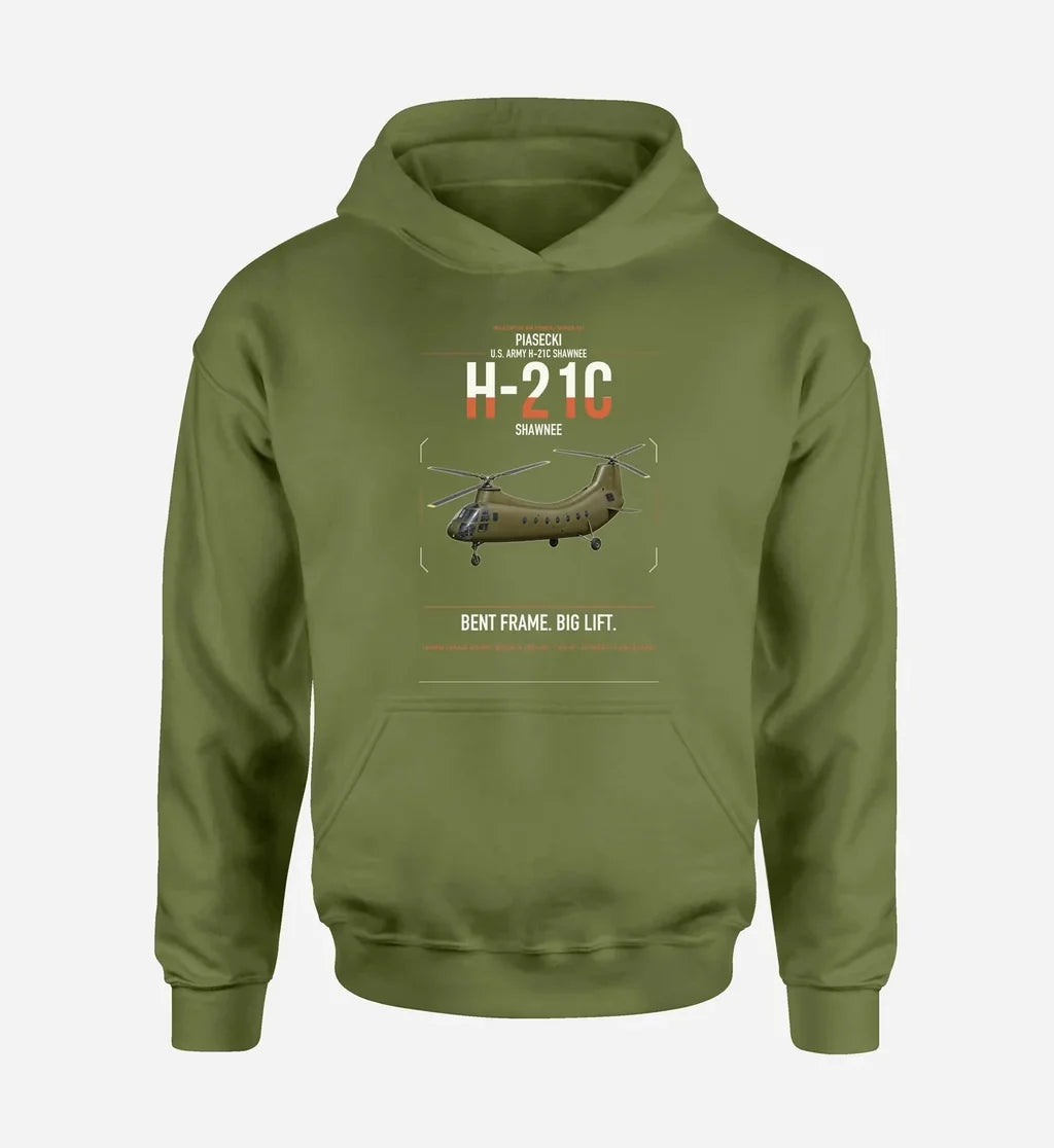 Piasecki H-21C Shawnee design on green army double-side hoodie, single-side print