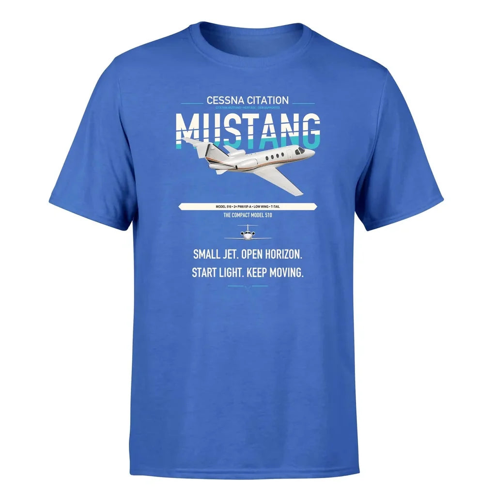 Cessna Citation Mustang design on blue double-side t-shirt, single-side print