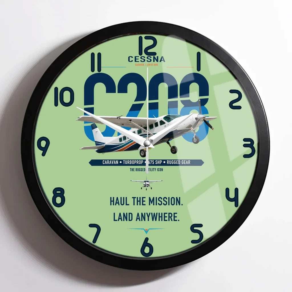 Cessna 208 Caravan design on light green framed wall clock