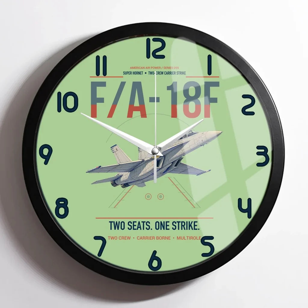 F-A-18F Super Hornet design on light green framed wall clock