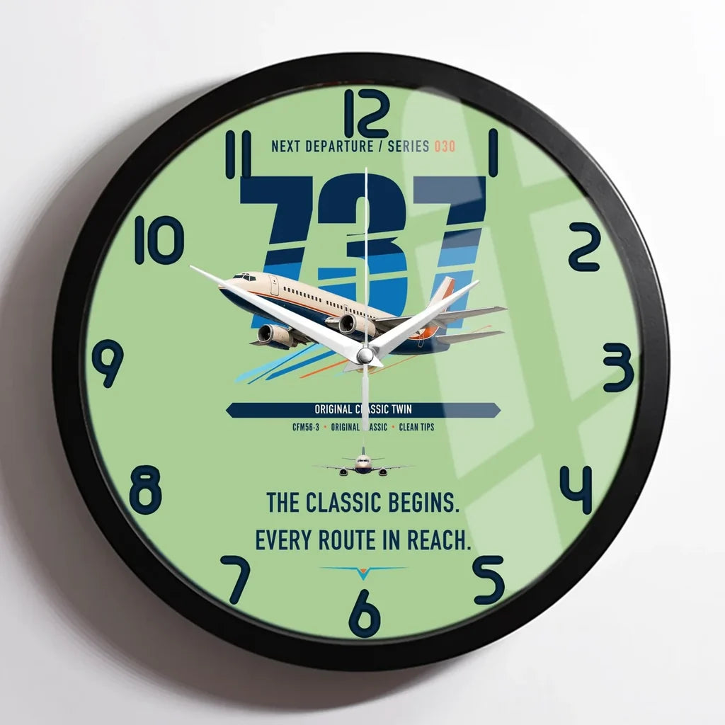 Boeing 737-300 Classic design on light green framed wall clock