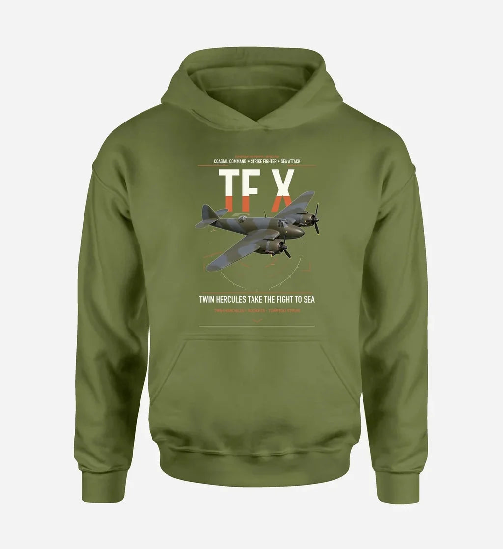 Bristol Beaufighter TF X design on green army double-side hoodie, single-side print