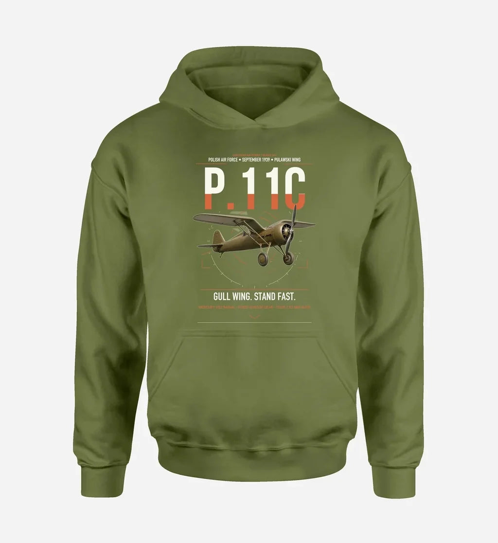 PZL P.11c design on green army double-side hoodie, single-side print