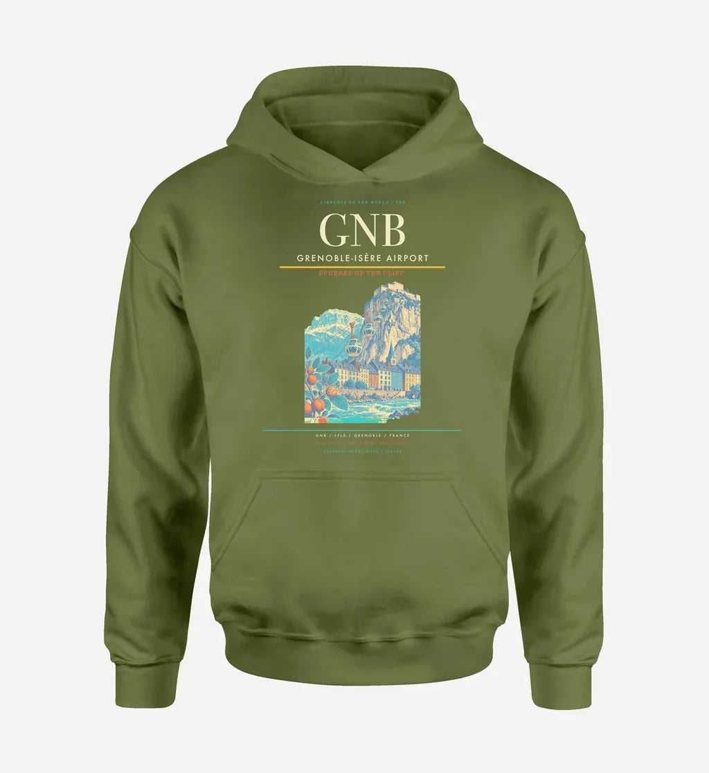 Grenoble-Isère Airport (GNB) design on green army hoodie single-side print