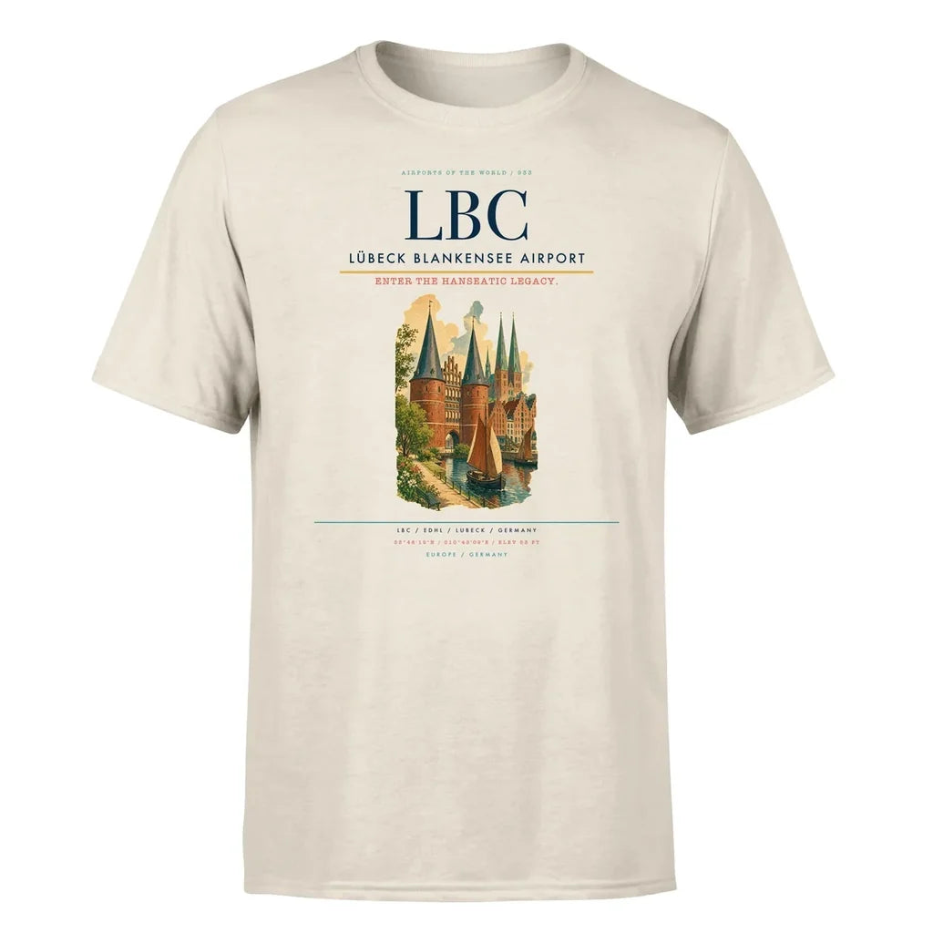 Lübeck Blankensee Airport (LBC) T-Shirt single-side front print in Beige | lübeck-blankensee-airport-lbc-double-side-t-shirt