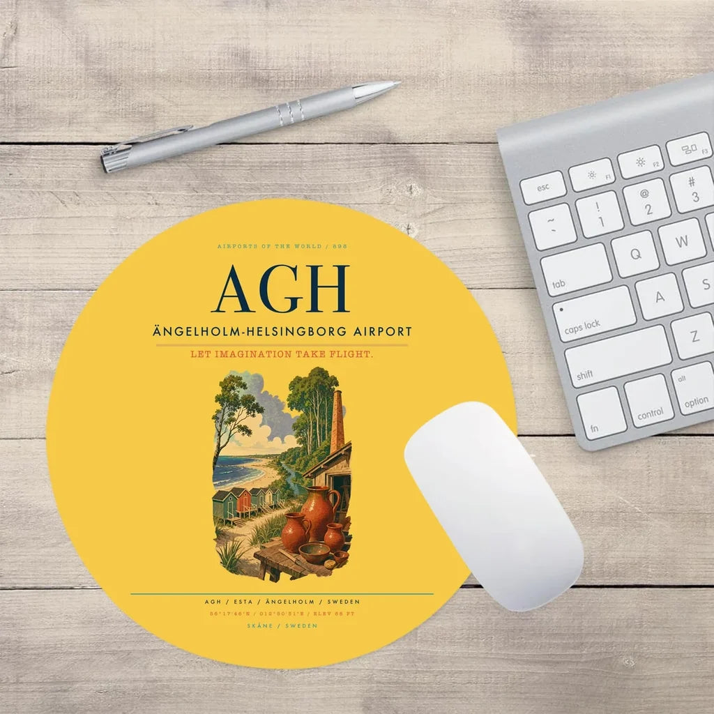 Ängelholm-Helsingborg Airport (AGH) design on yellow round mouse pad