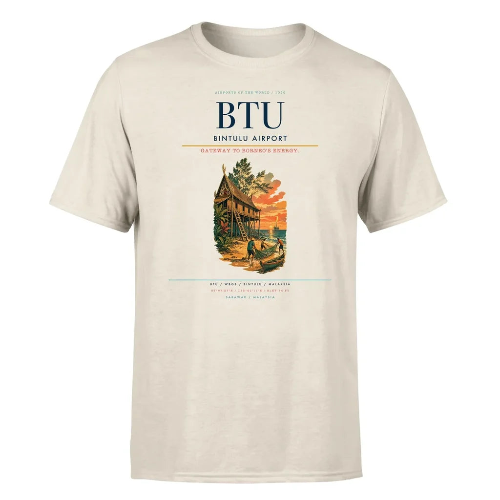 Bintulu Airport (BTU) T-Shirt single-side front print in Beige | bintulu-airport-btu-double-side-t-shirt