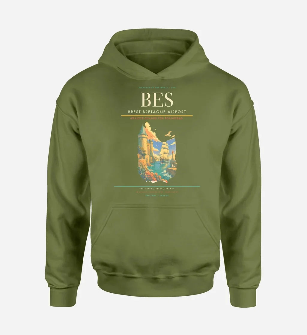 Brest Bretagne Airport (BES) design on green army hoodie single-side print