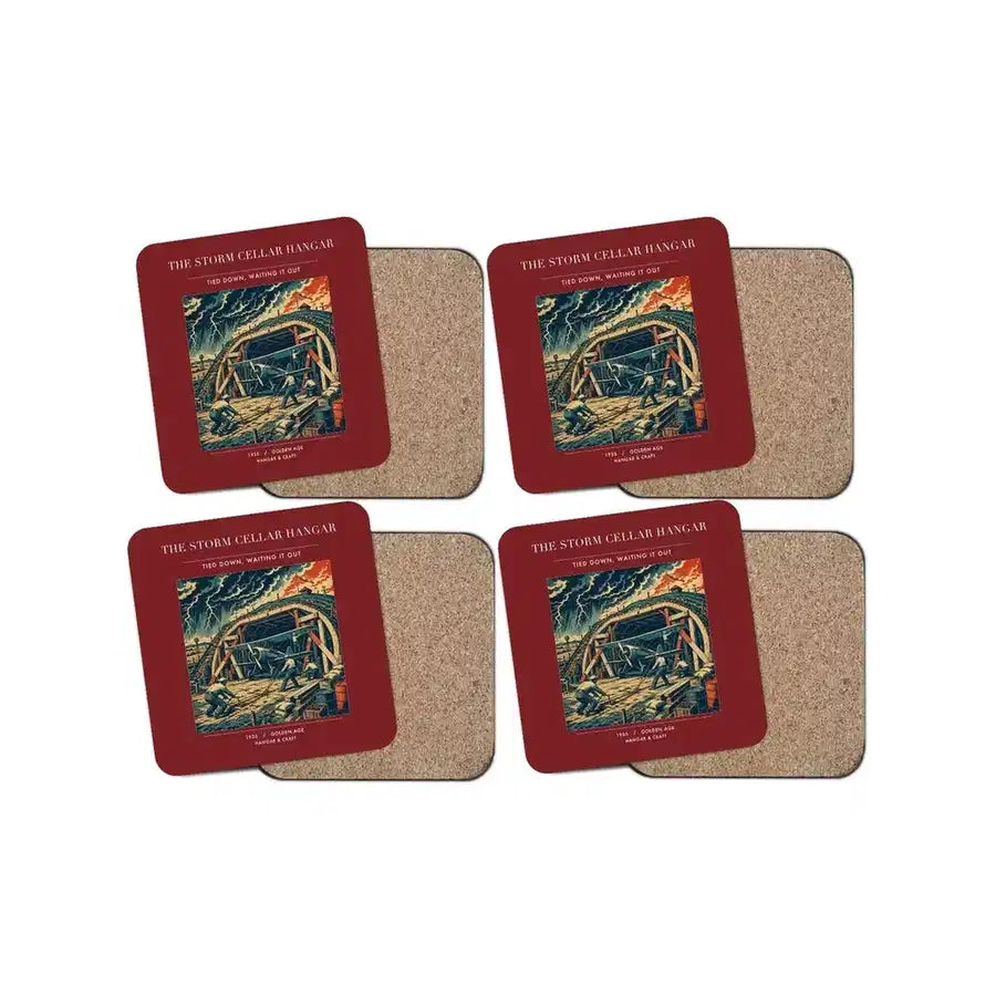 The Storm Cellar Hangar - Designed Coasters design on dark red 4-pieces-set