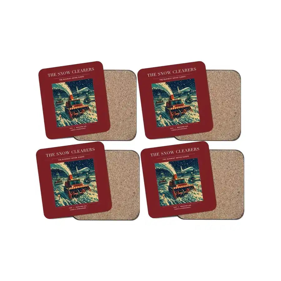 The Snow Clearers - Designed Coasters design on dark red 4-pieces-set