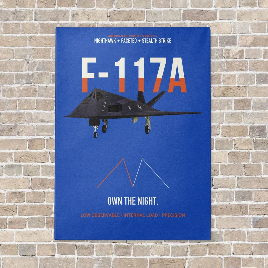F-117A Nighthawk Own The Night vertical canvas print - no frame - blue background
