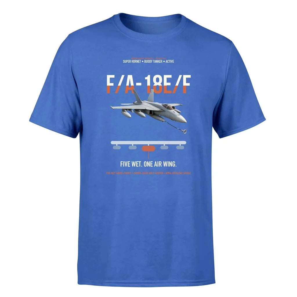 F A-18E F Buddy Tanker design on blue double-side t-shirt, single-side print