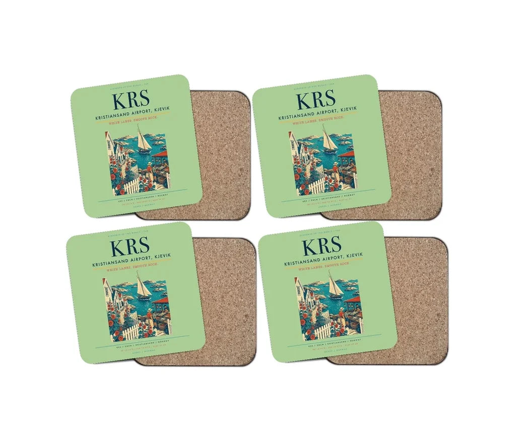 Kristiansand Airport, Kjevik (KRS) design on light green 4 pieces set coaster