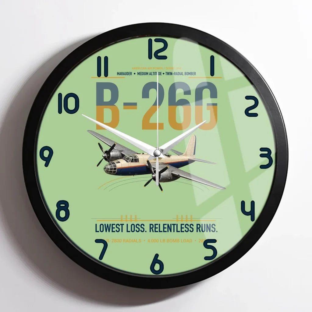 B-26G Marauder design on light green framed wall clock