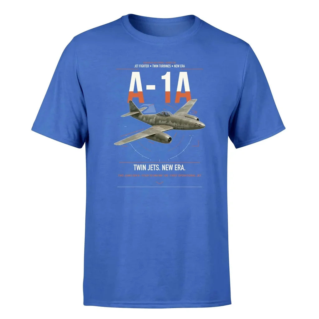 Messerschmitt Me 262A-1a design on blue t-shirt, single-side print