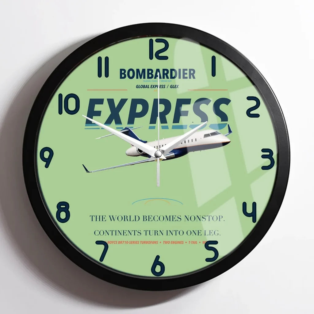 Bombardier Global Express design on light green framed wall clock