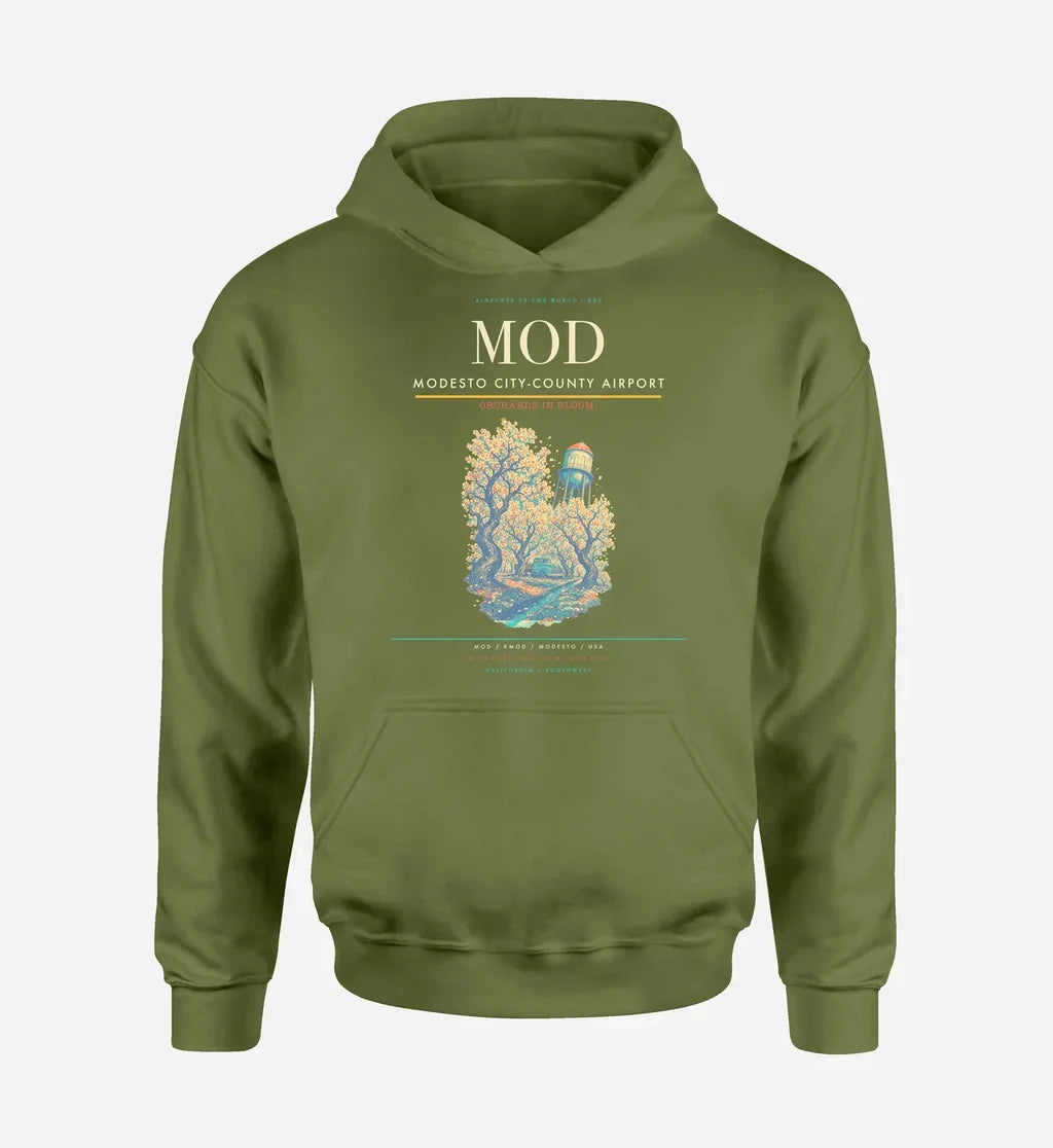Modesto City-County Airport (MOD) design on green army hoodie single-side print