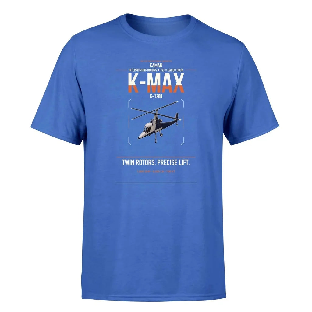 Kaman K-1200 K-MAX design on blue t-shirt, single-side print