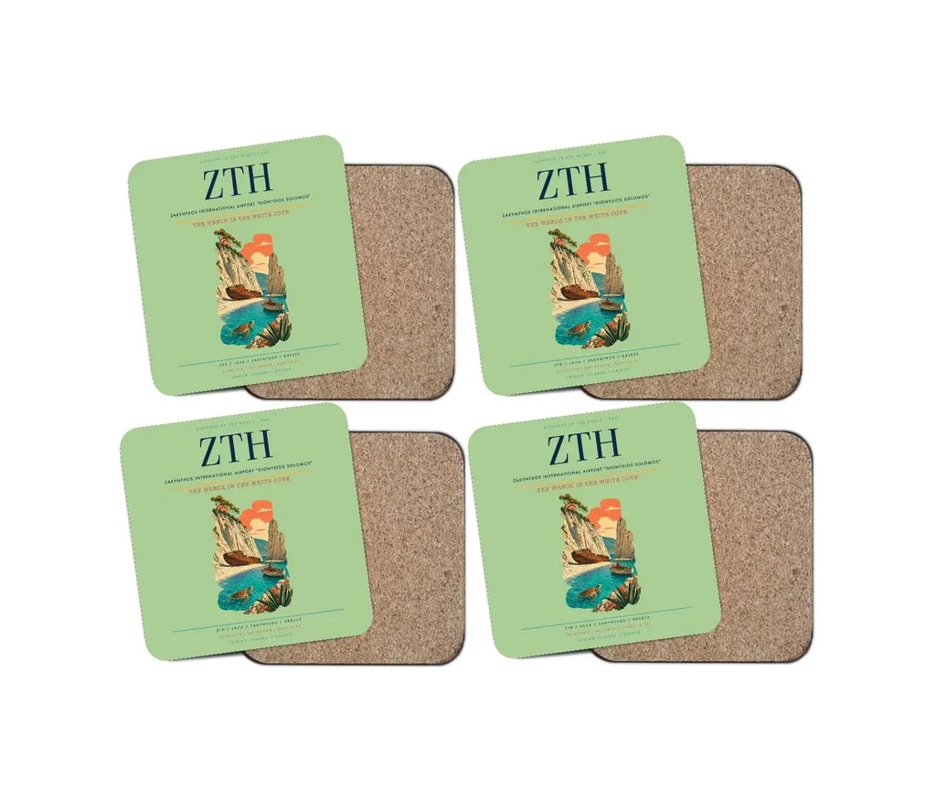 Zakynthos International Airport "Dionysios Solomos" (ZTH) design on light green 4 pieces set coaster
