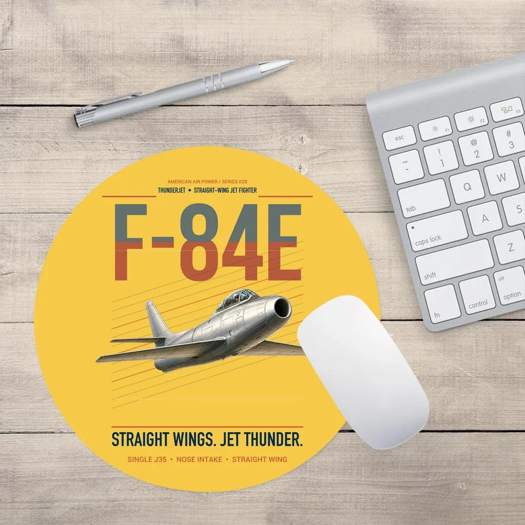 F-84E Thunderjet design on yellow round mouse pad