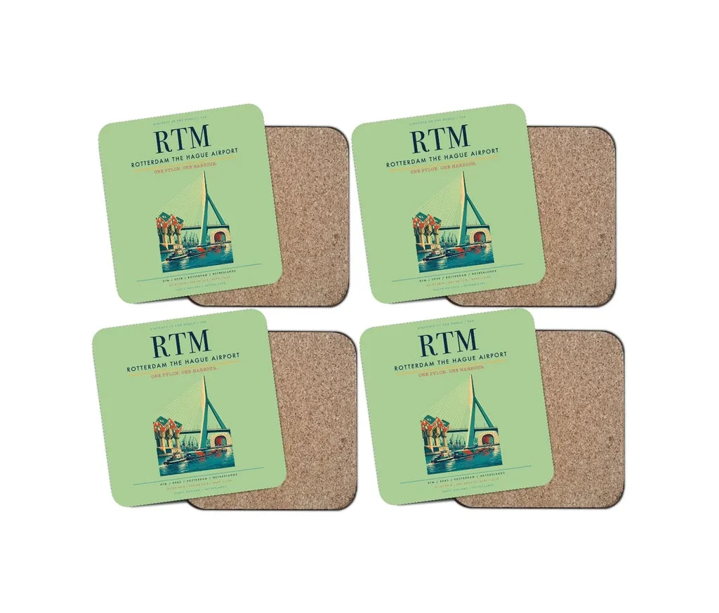 Rotterdam The Hague Airport (RTM) design on light green 4 pieces set coaster