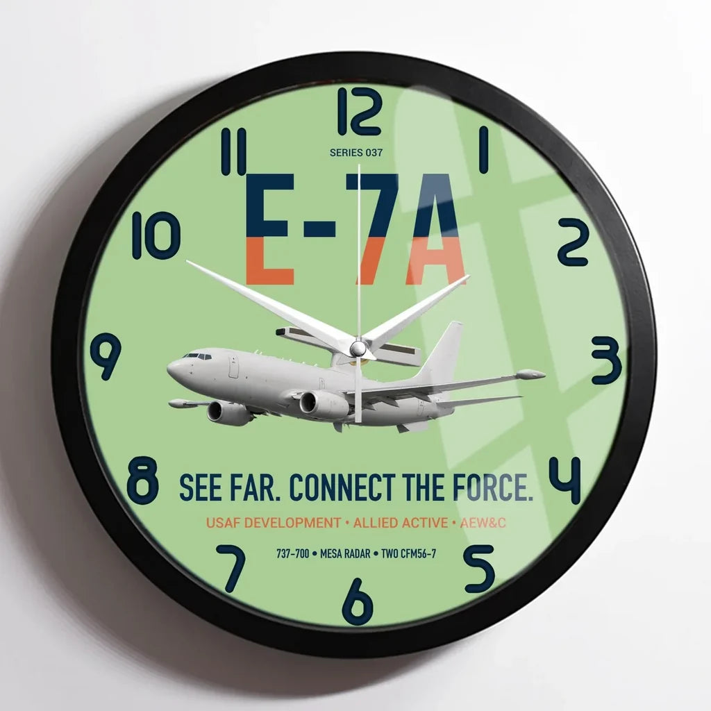 E-7A Wedgetail design on light green framed wall clock
