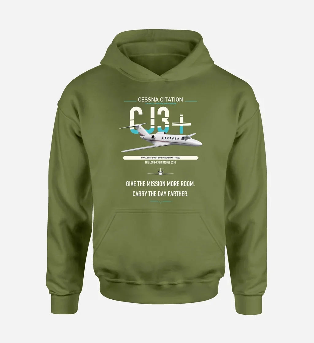Cessna Citation CJ3+ design on green army double-side hoodie, single-side print
