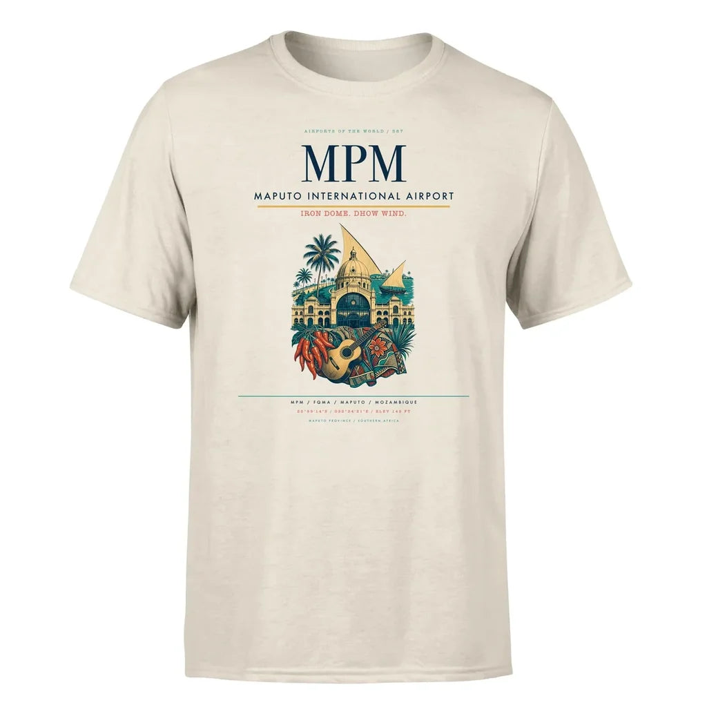 Maputo International Airport (MPM) T-Shirt single-side front print in Beige | maputo-international-airport-mpm-double-side-t-shirt