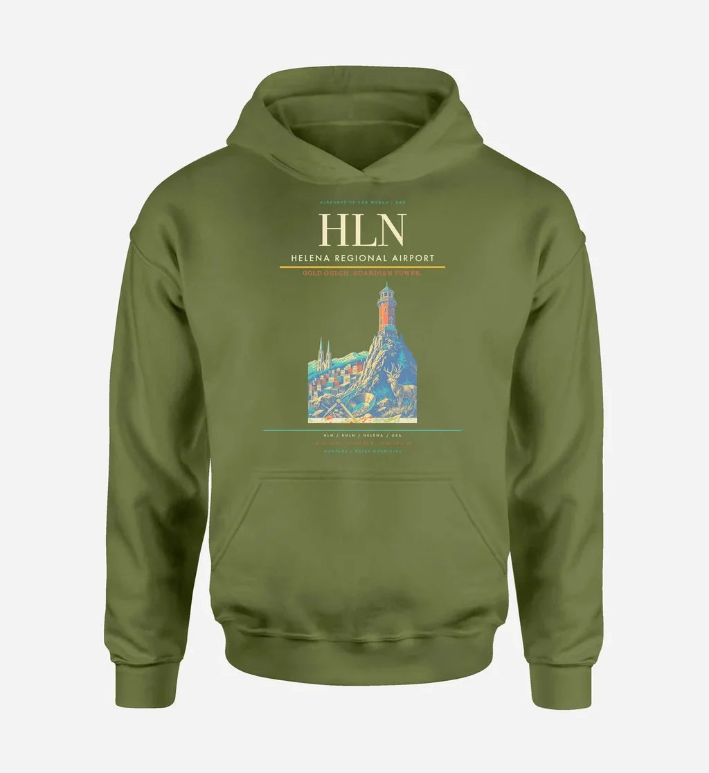 Helena Regional Airport (HLN) design on green army hoodie single-side print
