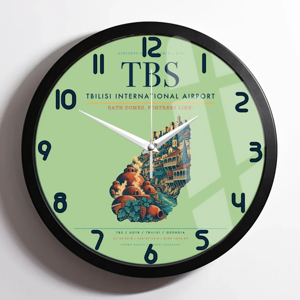 Tbilisi International Airport (TBS) design on light green framed wall clock