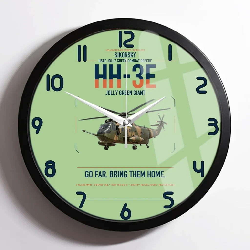 Sikorsky HH-3E Jolly Green Giant design on light green framed wall clock