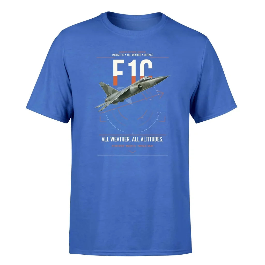 Dassault Mirage F1C design on blue t-shirt, single-side print