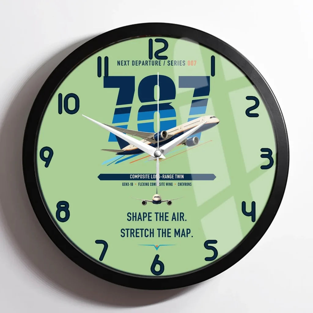 Boeing 787-9 Dreamliner design on light green framed wall clock