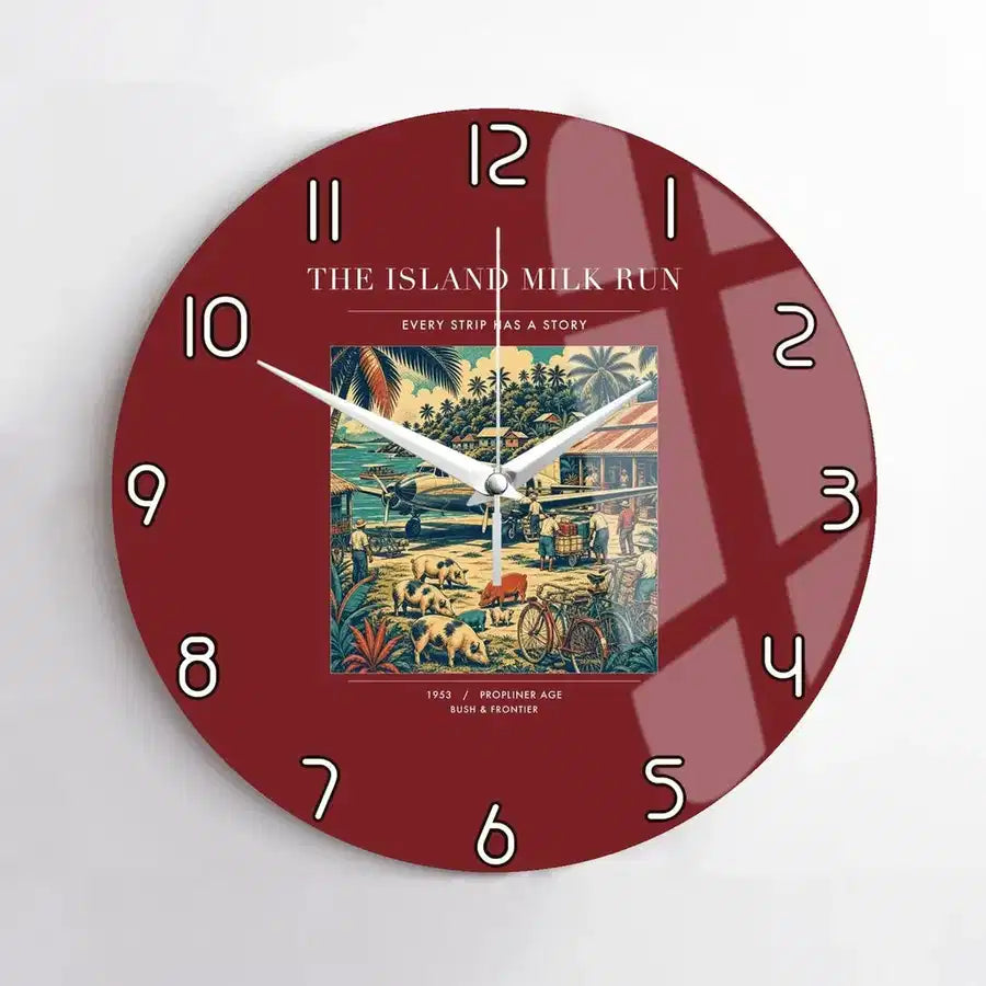 VINTAGE G4084 - The Island Milk Run - Designed Wall Clocks design on darkred no-frame