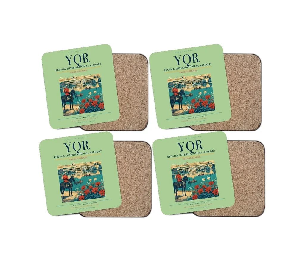 Regina International Airport (YQR) design on light green 4 pieces set coaster