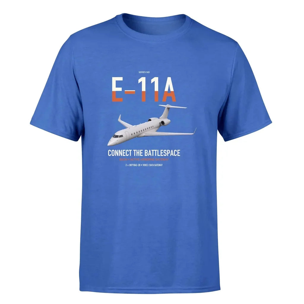 E-11A BACN design on blue double-side t-shirt, single-side print