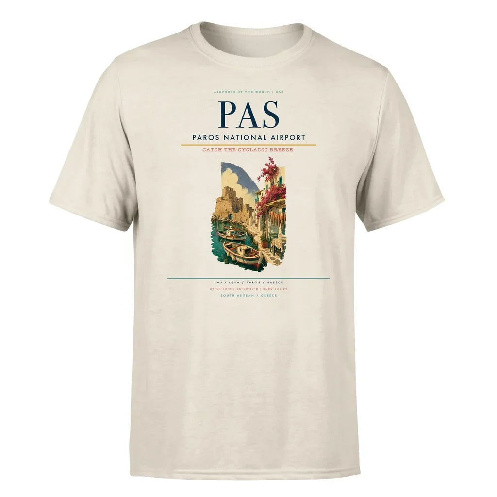 Paros National Airport (PAS) T-Shirt single-side front print in Beige | paros-national-airport-pas-double-side-t-shirt