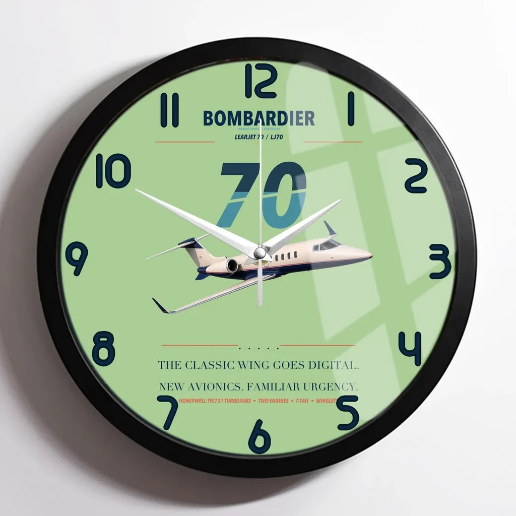 Bombardier Learjet 70 design on light green framed wall clock