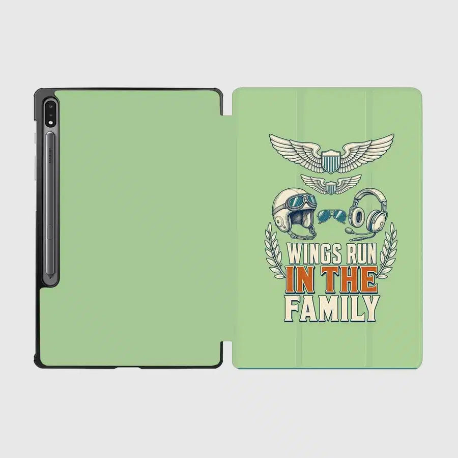 Wings Run In The Family design on light green samsung tablet tablet case