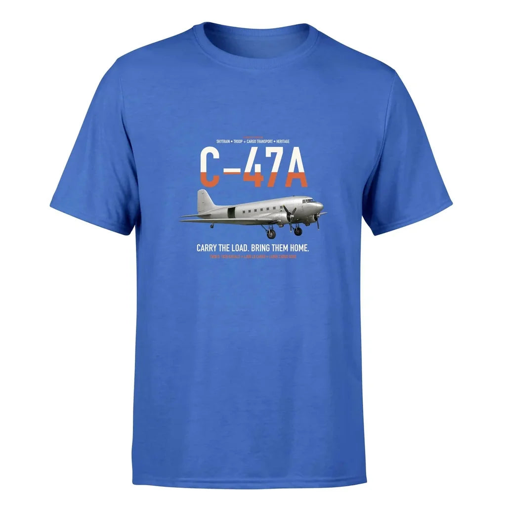 C-47A Skytrain design on blue double-side t-shirt, single-side print