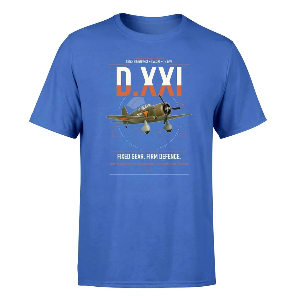 Fokker D.XXI — Dutch LVA aircraft 221 design on blue t-shirt, single-side print