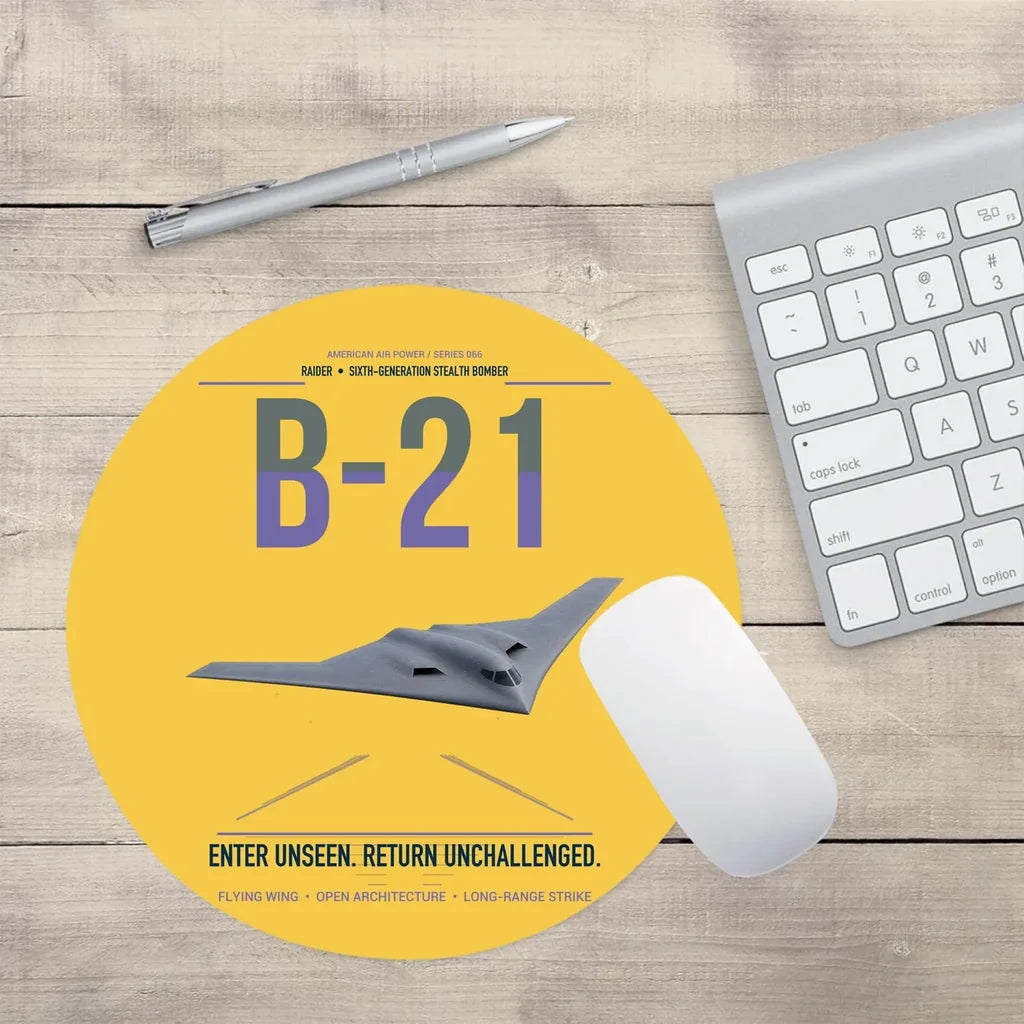 B-21 Raider design on yellow round mouse pad